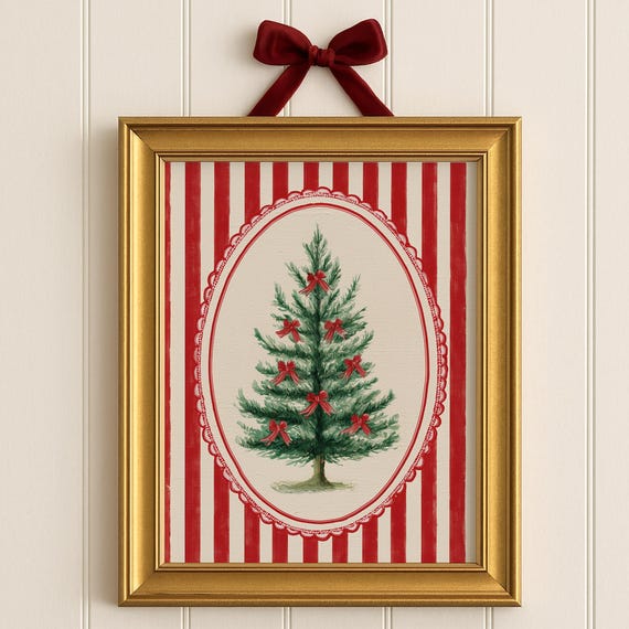 Vintage Christmas Tree Wall Art Print Classic Red And White Holiday Decor Retro Illustration Festive Bow Artwork