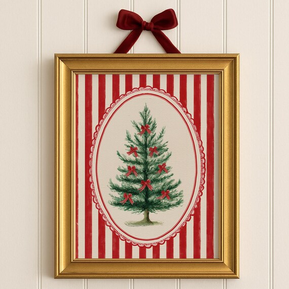 Vintage Classic Christmas Tree With Red Bows Striped Holiday Poster
