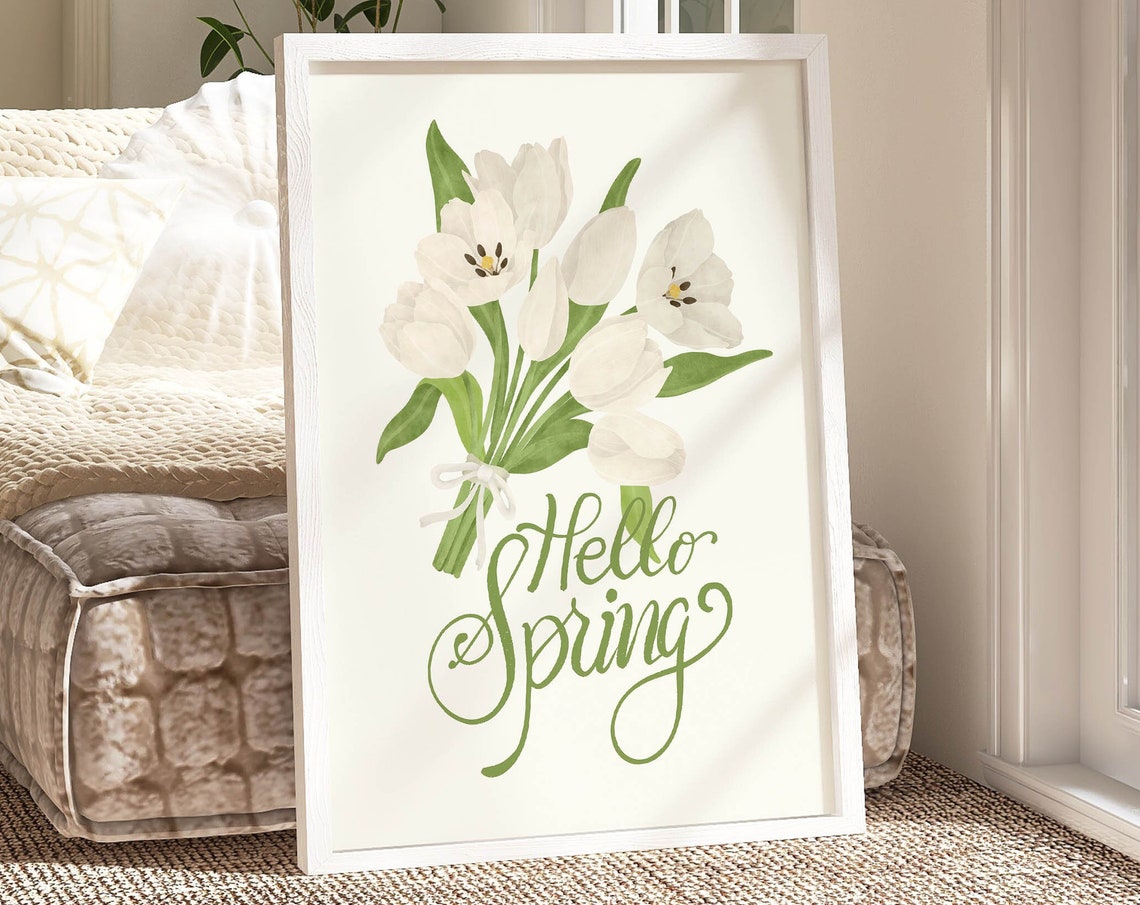 Hello Spring White Tulips Bouquet Watercolor Floral Art Poster
