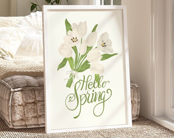 Hello Spring White Tulips Bouquet Watercolor Floral Art Poster