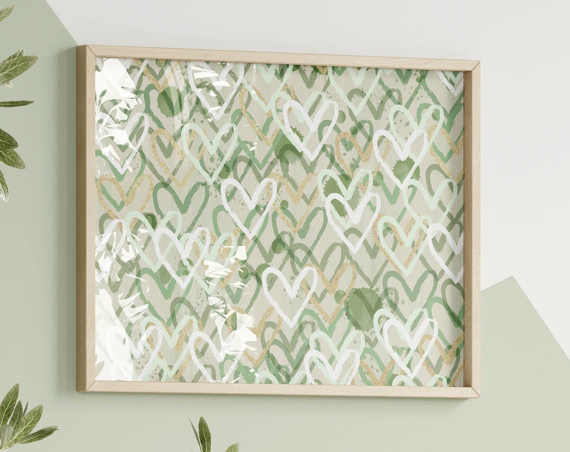 Sage Green Watercolor Hearts Gold Pattern Preppy Wall Poster - Image 2