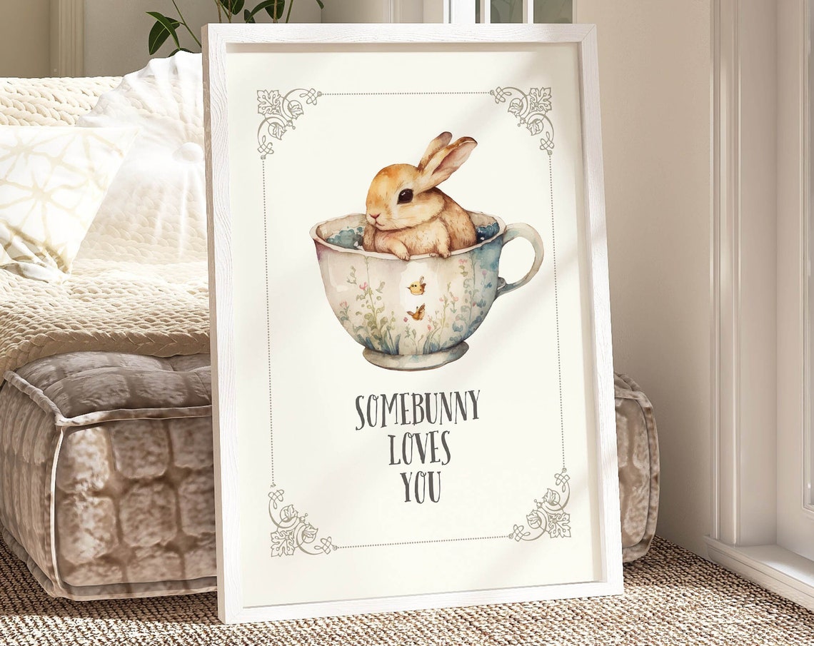 Somebunny Loves You Bunny In Teacup Watercolor Easter Poster