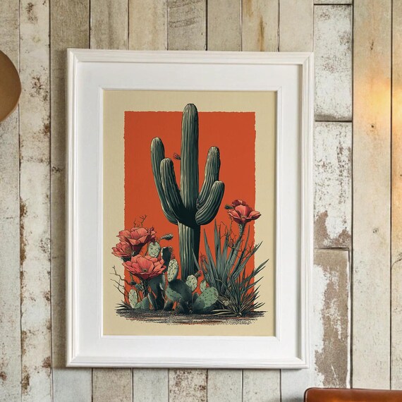 Saguaro Cactus Red Desert Blooms Southwest Vintage Botanical Poster