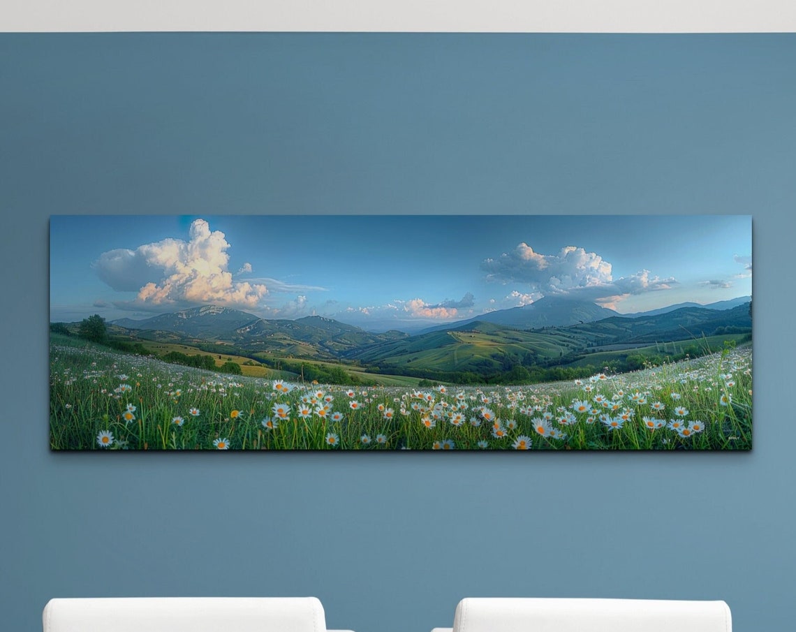 White Daisy Meadow Rolling Green Hills Mountains Dusk Panoramic Print