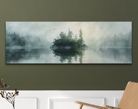 Panoramic Lake Watercolor Forest Wall Art Print Foggy Tree Lake Wall Art Peaceful Wall Art Lake Wall Art Panoramic Art