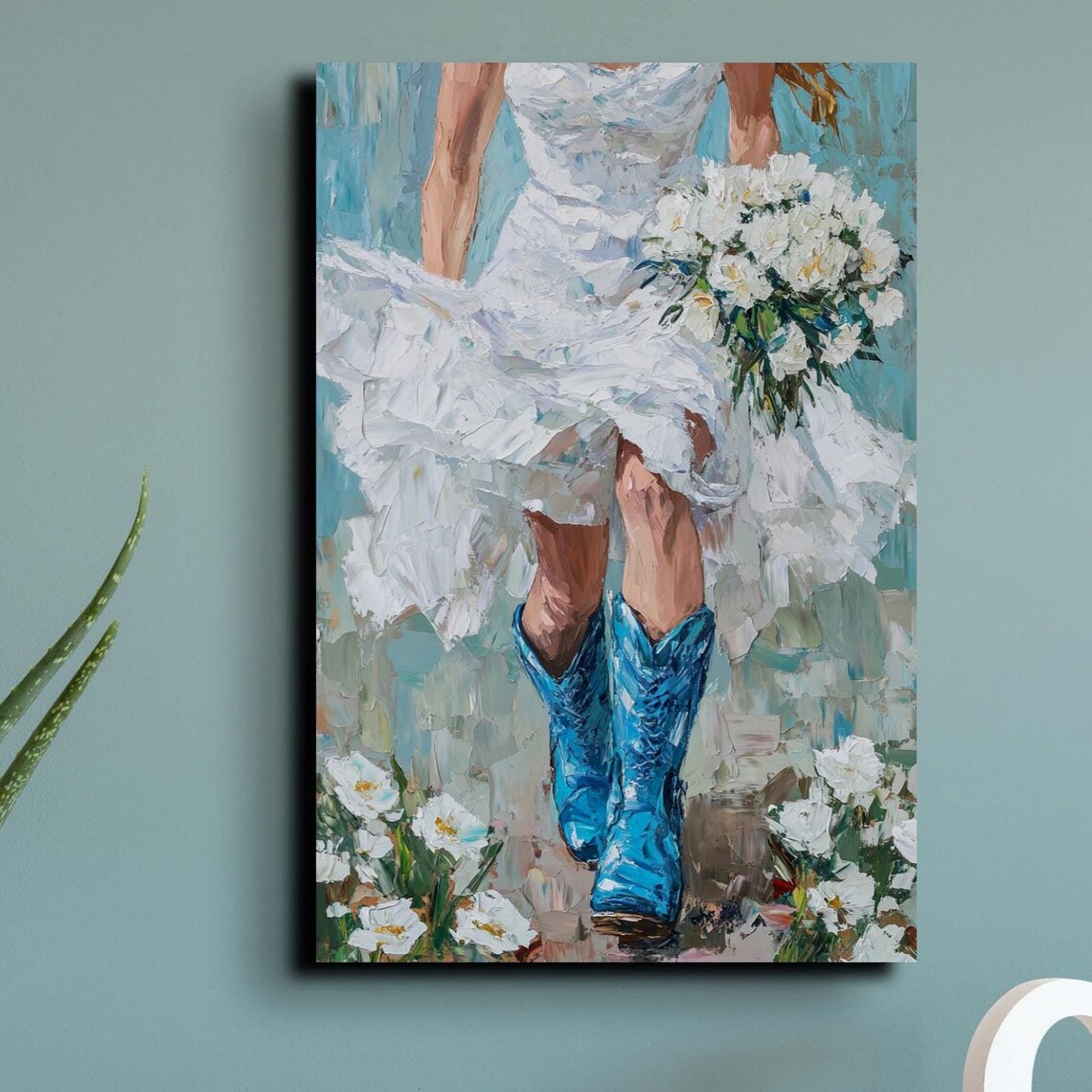 Cowgirl Blue Boots White Dress Daisy Bouquet Western Art Poster