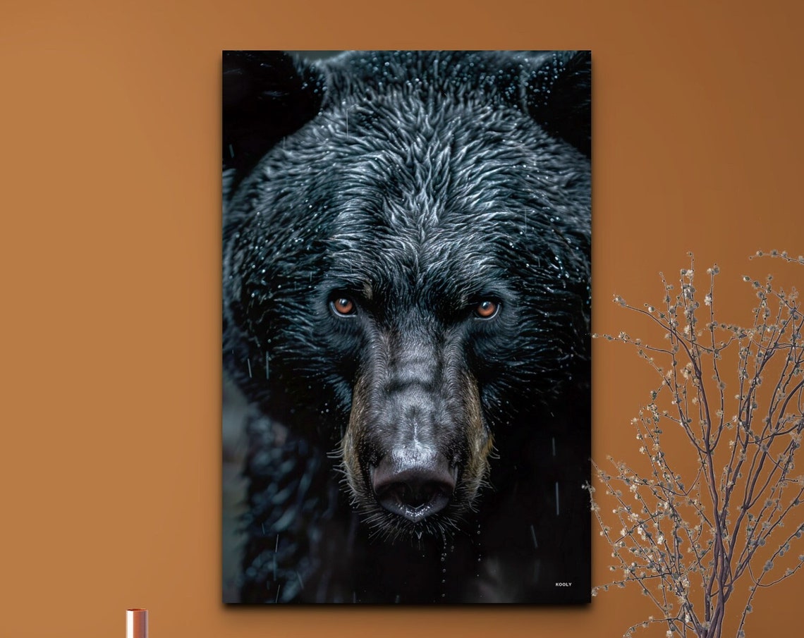 Black Bear Face Wet Fur Rain Close-Up Intense Wildlife Wall Art