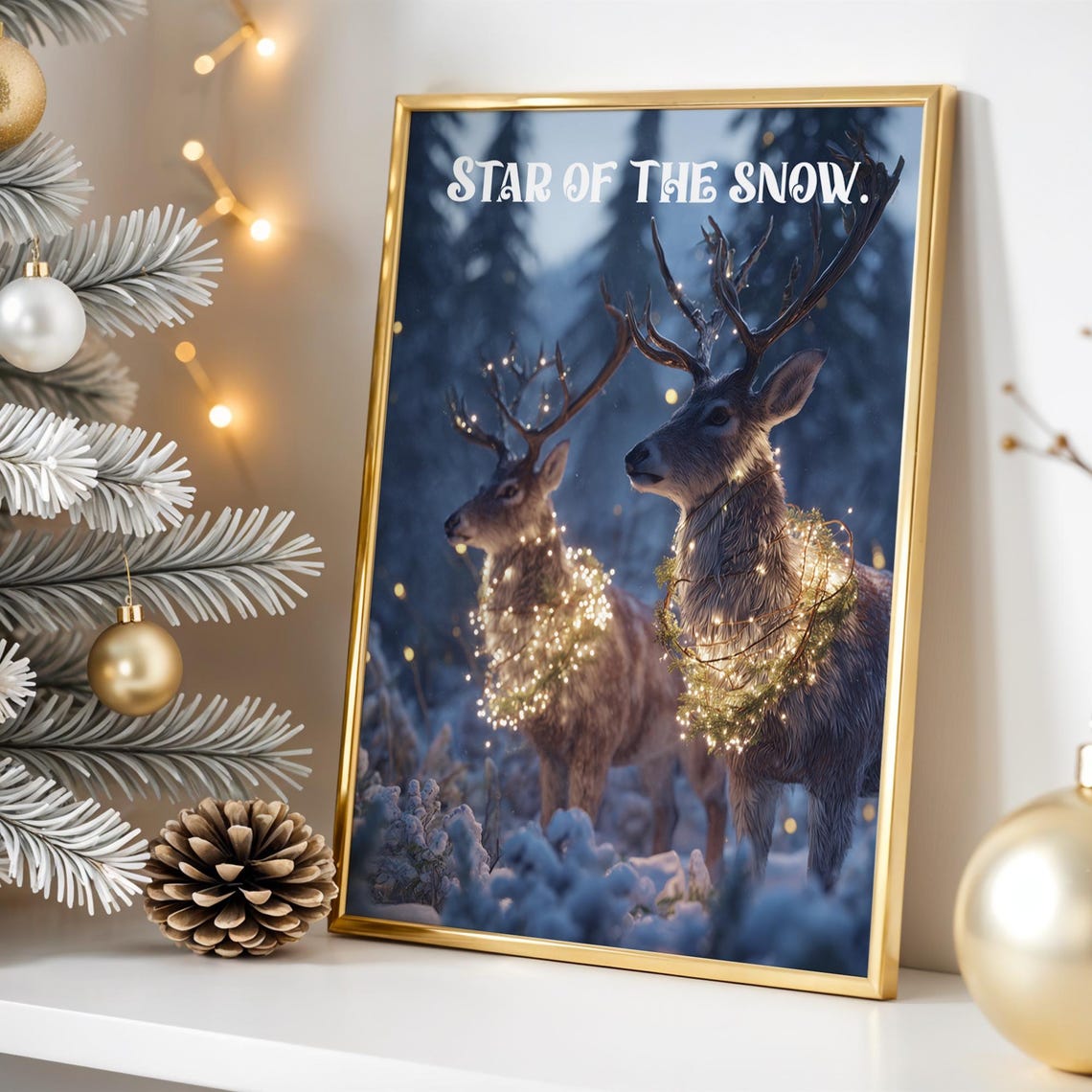 Star of the Snow Reindeer Christmas Lights Magical Forest Poster