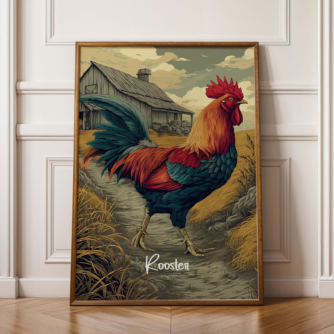 Proud Rooster Strutting by Rustic Barn Vintage Farm Art Poster