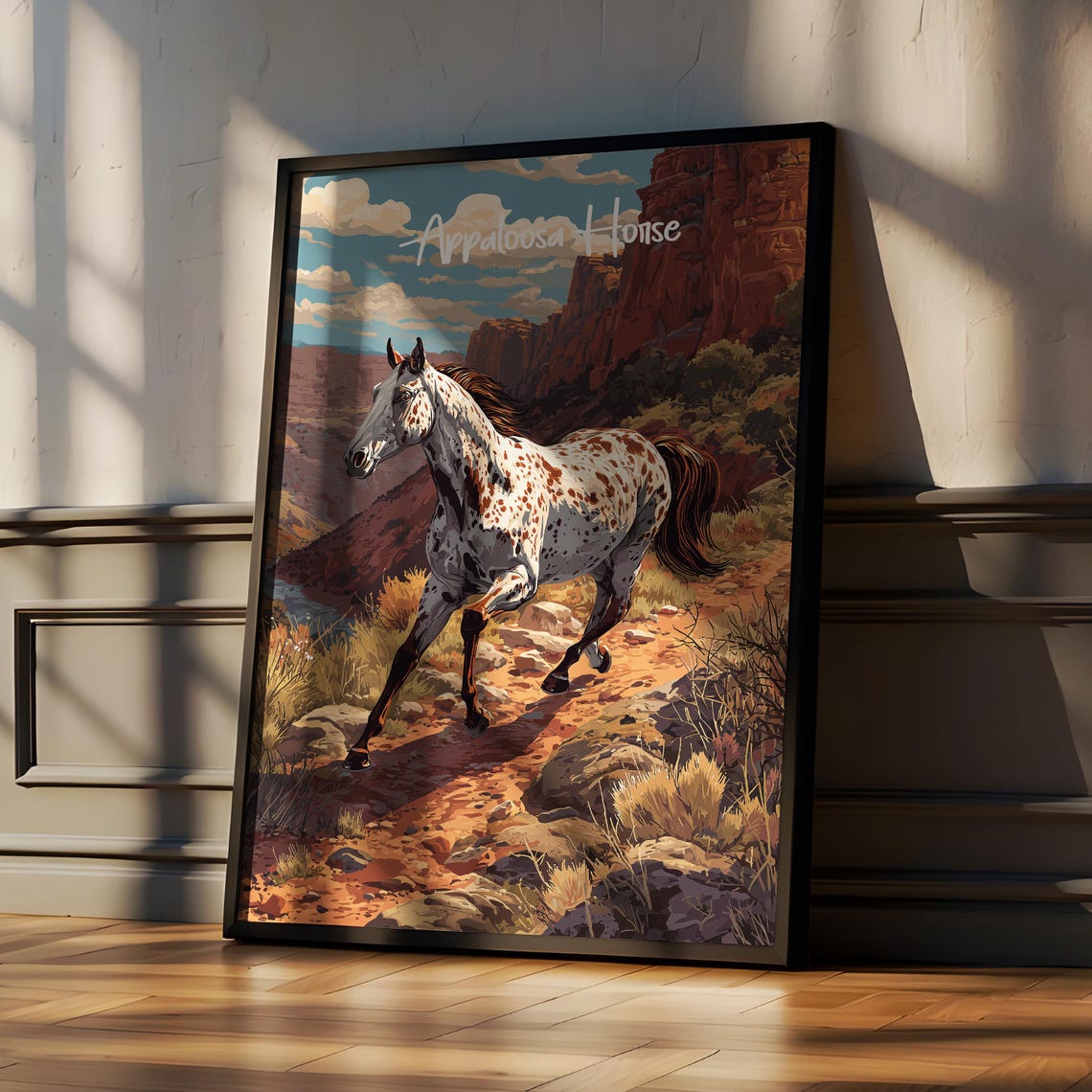 Spotted Appaloosa Horse Running Through Red Rock Canyon Poster