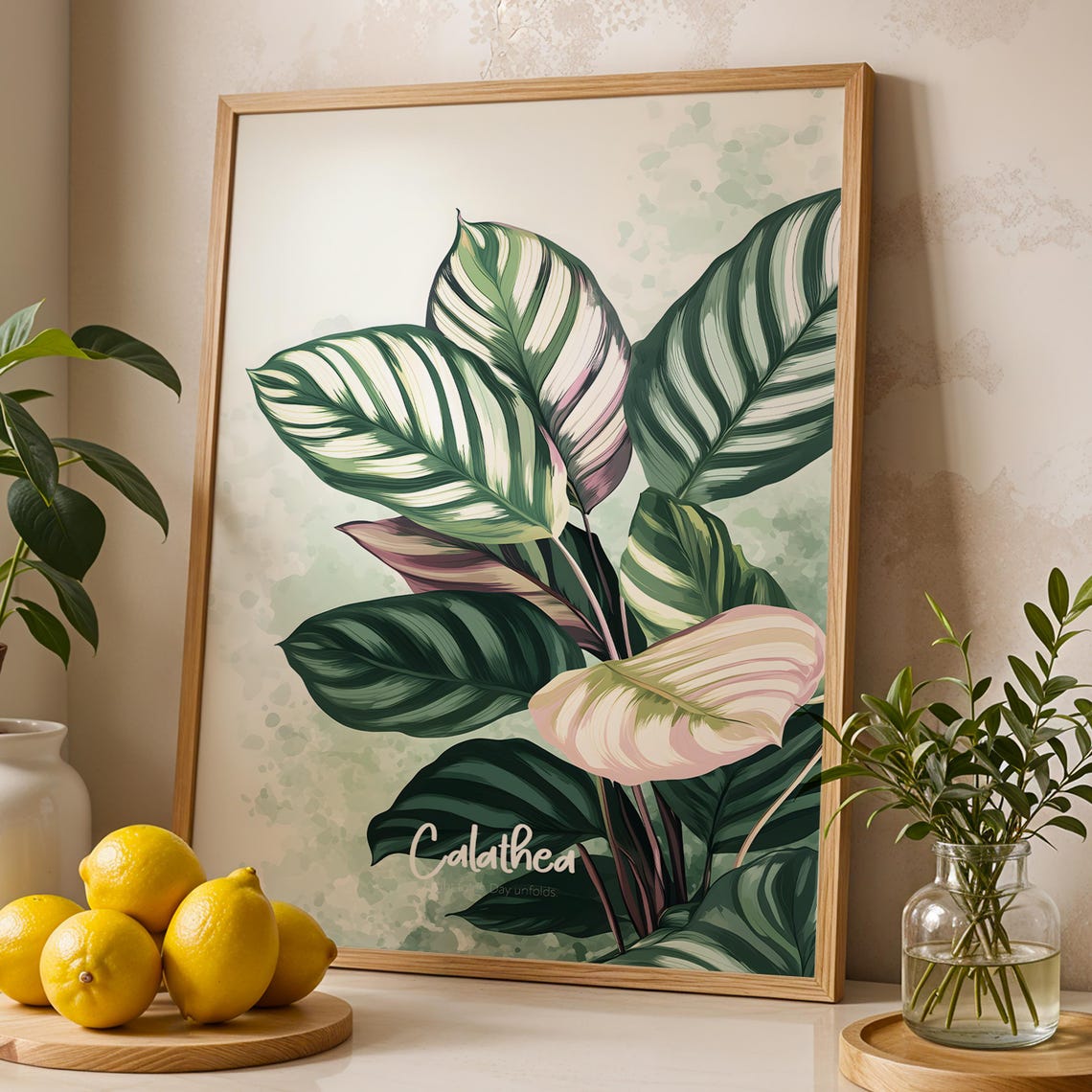 Calathea Botanical Illustration With Striped Tropical Leaves Print