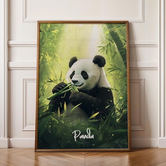Giant Panda Eating Bamboo in Sichuan Forest Nursery Animal Art Poster