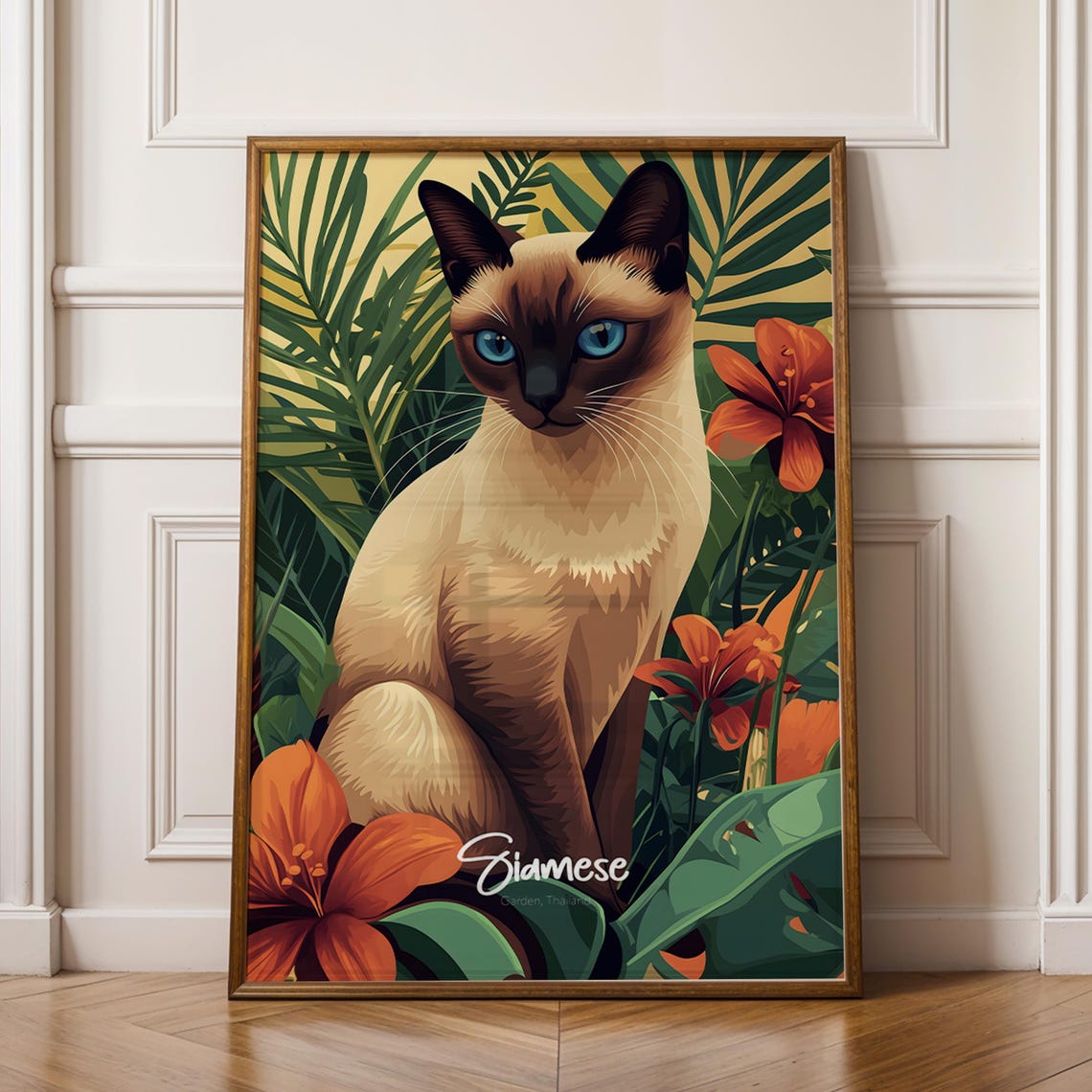 Siamese Cat in Thai Tropical Garden Botanical Illustration Poster