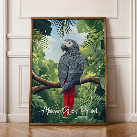 African Grey Parrot Perched in Tropical Jungle Bird Illustration Poster