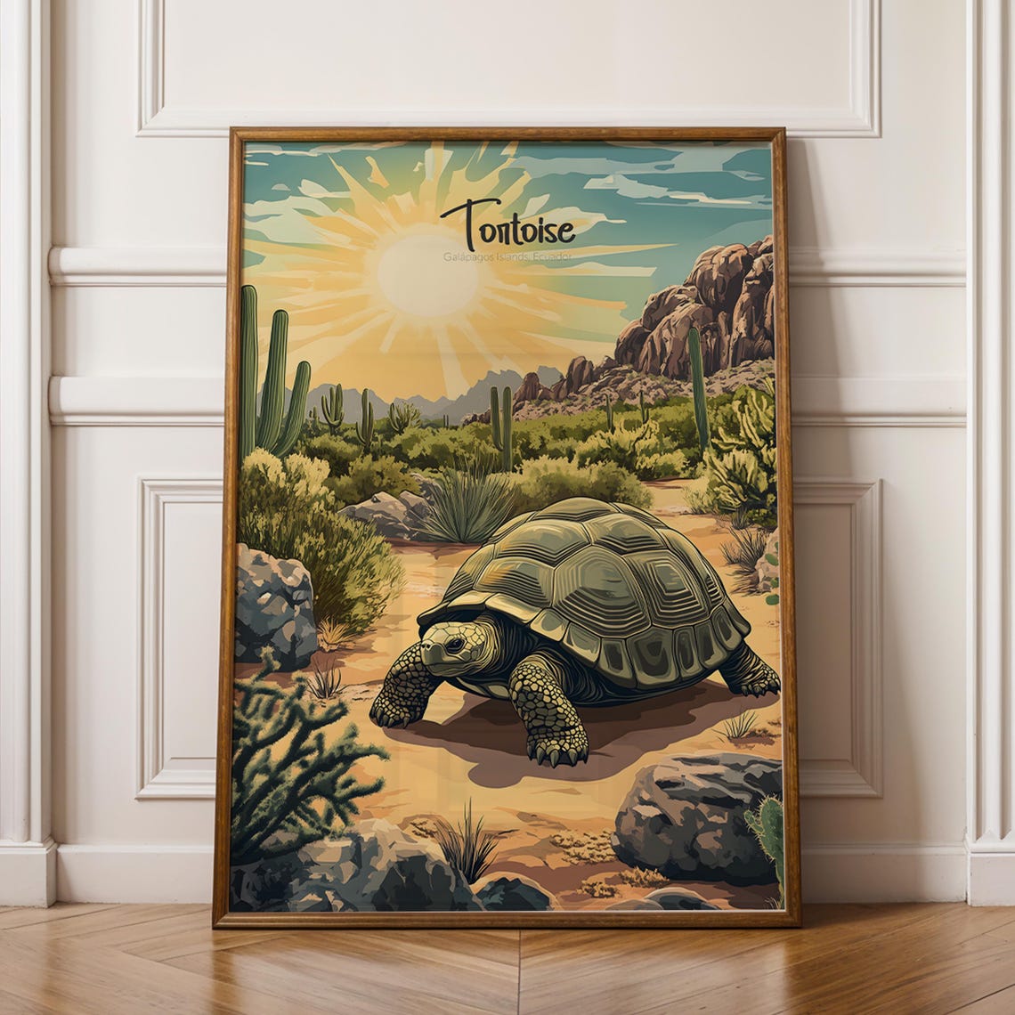 Tortoise In Desert Sunset Cactus Landscape Vintage Wildlife Poster