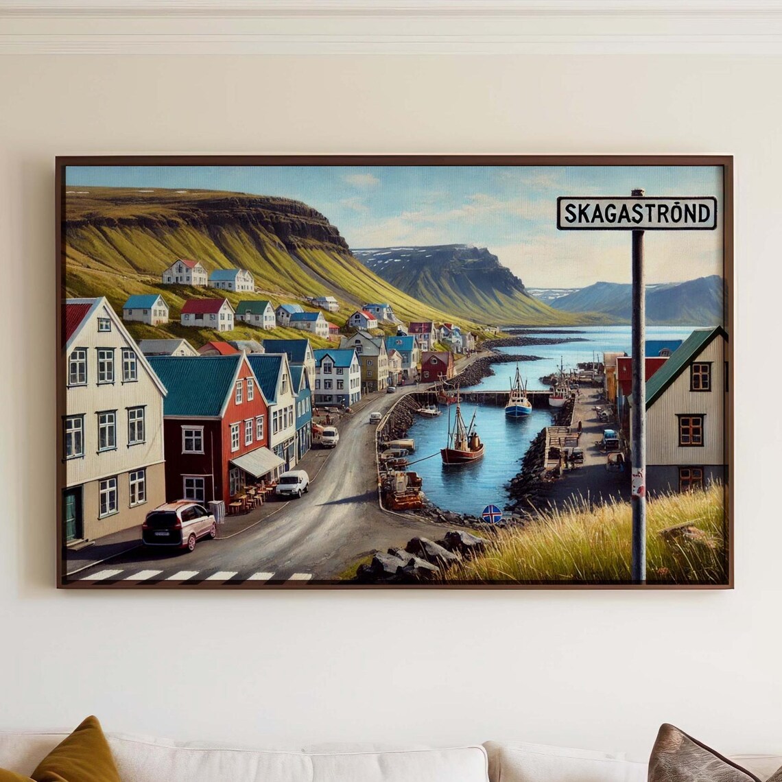 Skagastrond Iceland Harbor Street Fishing Village Painting Poster