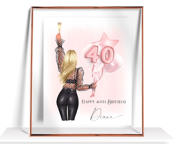 Happy 40th Birthday Poster Personalized Woman With Balloons Party Keepsake