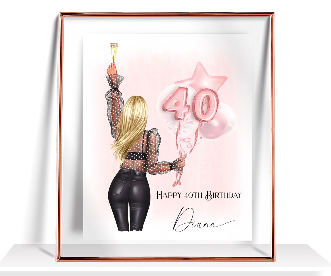 Happy 40th Birthday Poster Personalized Woman With Balloons Party Keepsake