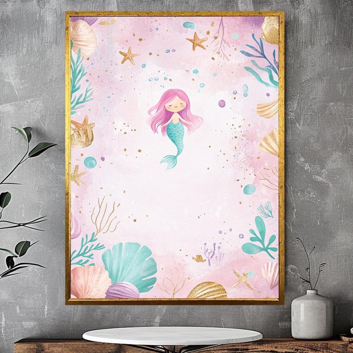 Pink Mermaid Baby Girl Nursery Watercolor Seashell Art Print