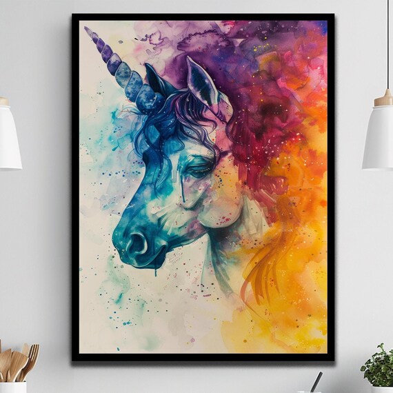 Watercolor Unicorn Head Rainbow Splash Dreamy Fantasy Nursery Art Poster