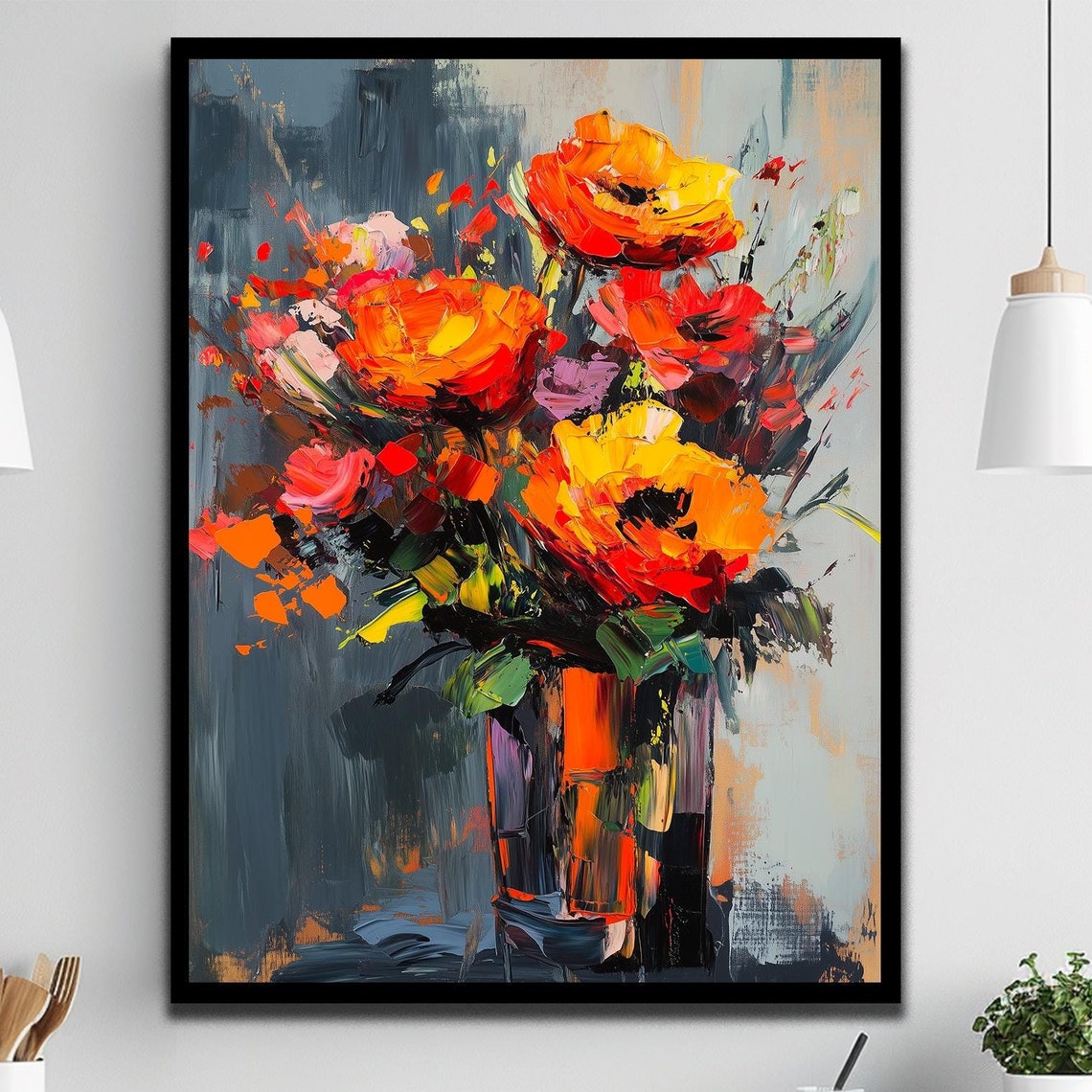 Red Orange Poppy Bouquet Impasto Flowers Grey Background Floral Poster