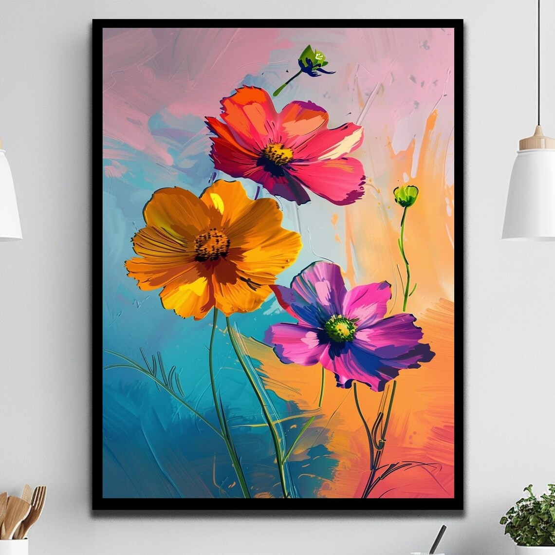 Colorful Cosmos Flowers Acrylic Painting Bold Floral Art Print