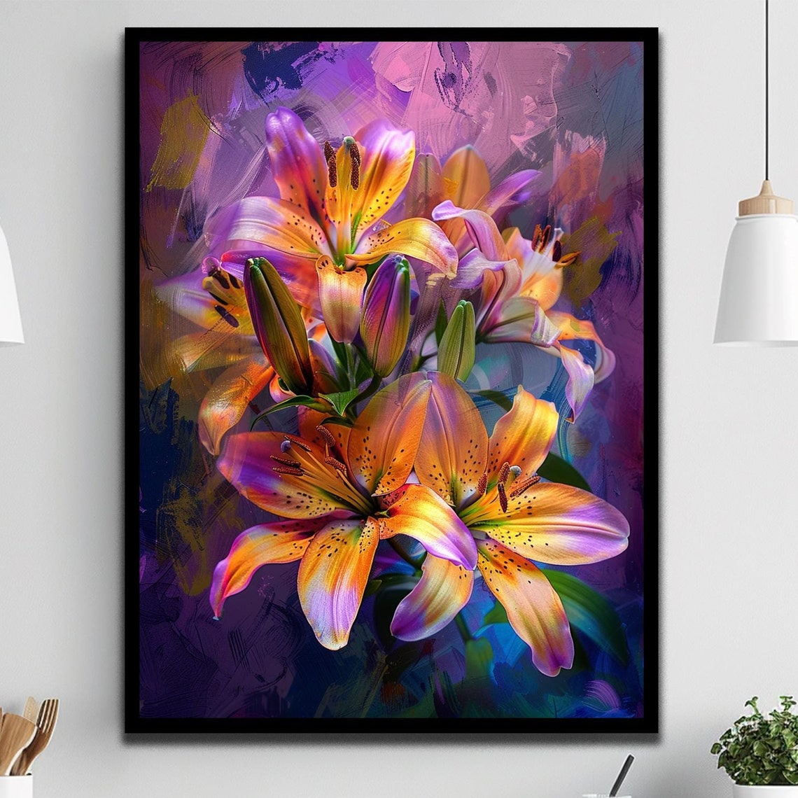 Orange Purple Lily Blossoms Painterly Floral Bouquet Close-Up Poster