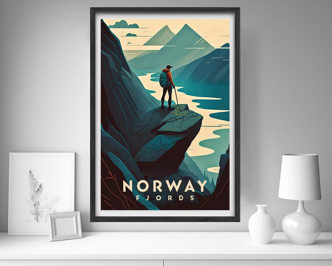 Norway Fjords Hiker Cliff Overlook Teal Retro Travel Art Poster - Image 4