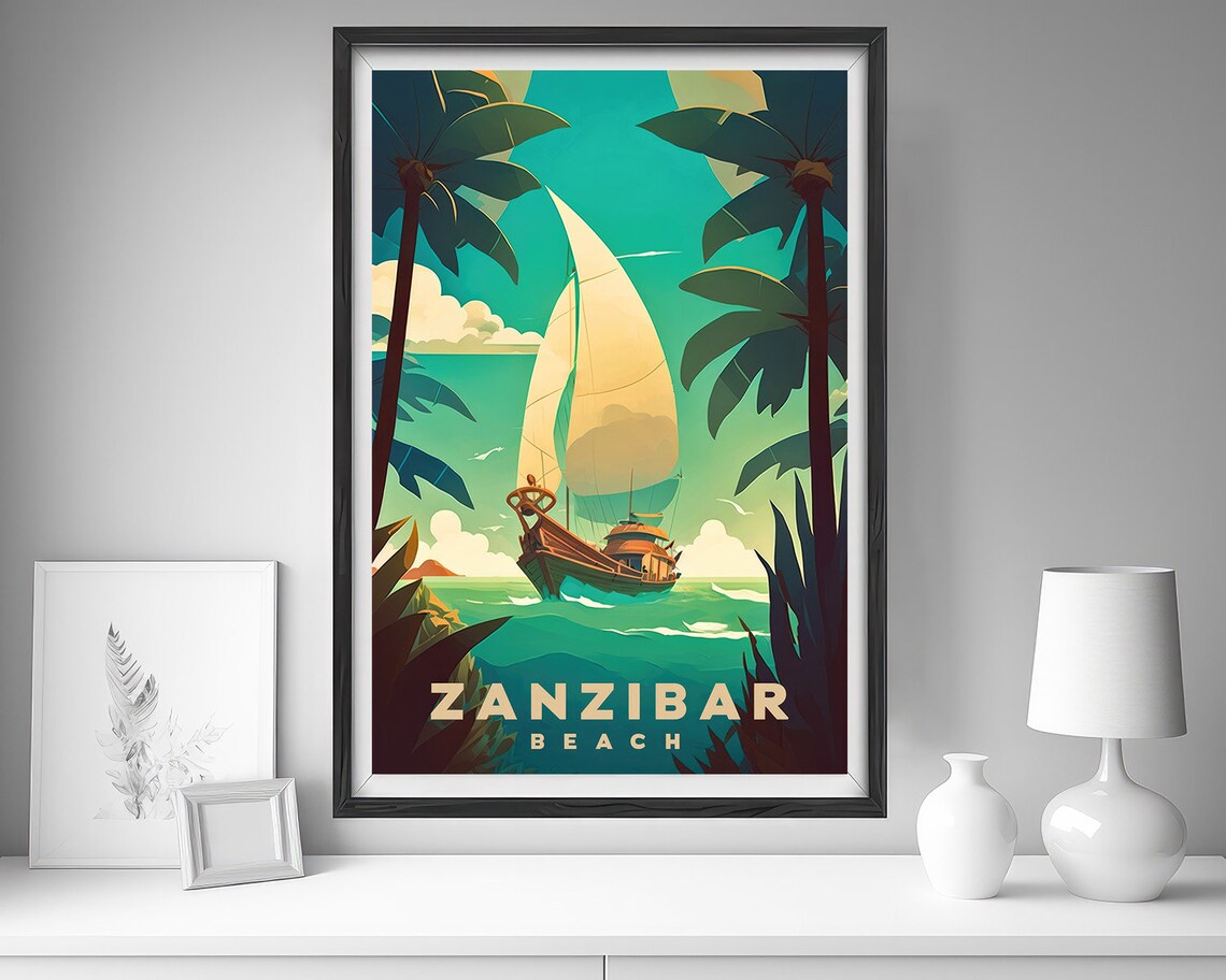 Zanzibar Beach Vintage Travel Poster Sailboat Palm Sunset Art - Image 4