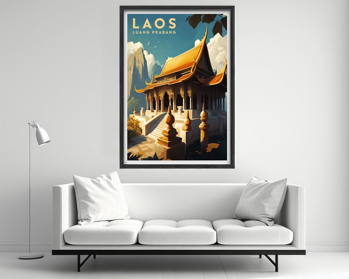 Laos Luang Prabang Golden Temple Buddhist Architecture Travel Poster - Image 2