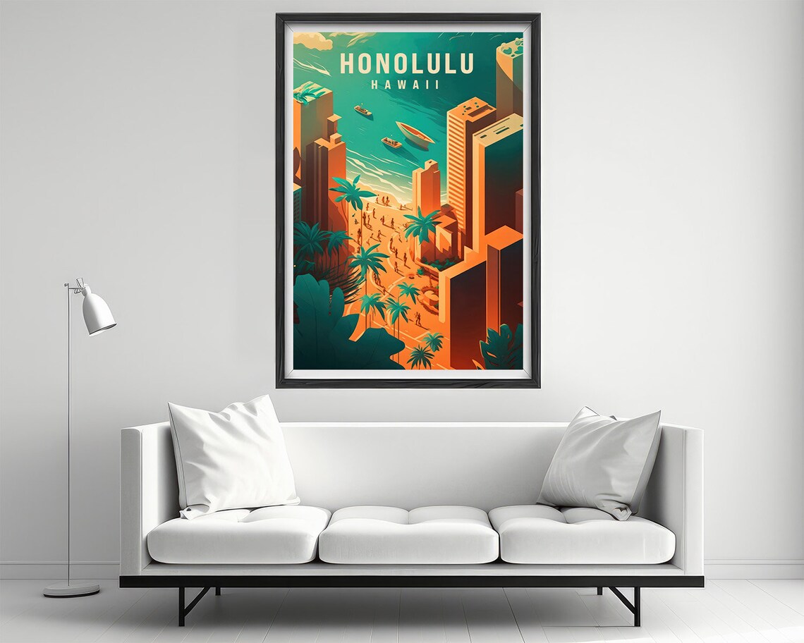 Honolulu Hawaii Waikiki Beach City Skyline Vintage Travel Poster - Image 2