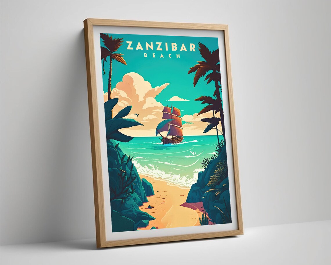 Zanzibar Beach Tanzania Sailboat Palms Vintage Travel Poster - Image 5