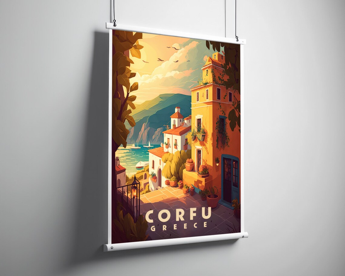 Corfu Greece Coastal Village Island Sunset Retro Travel Poster Art - Image 3