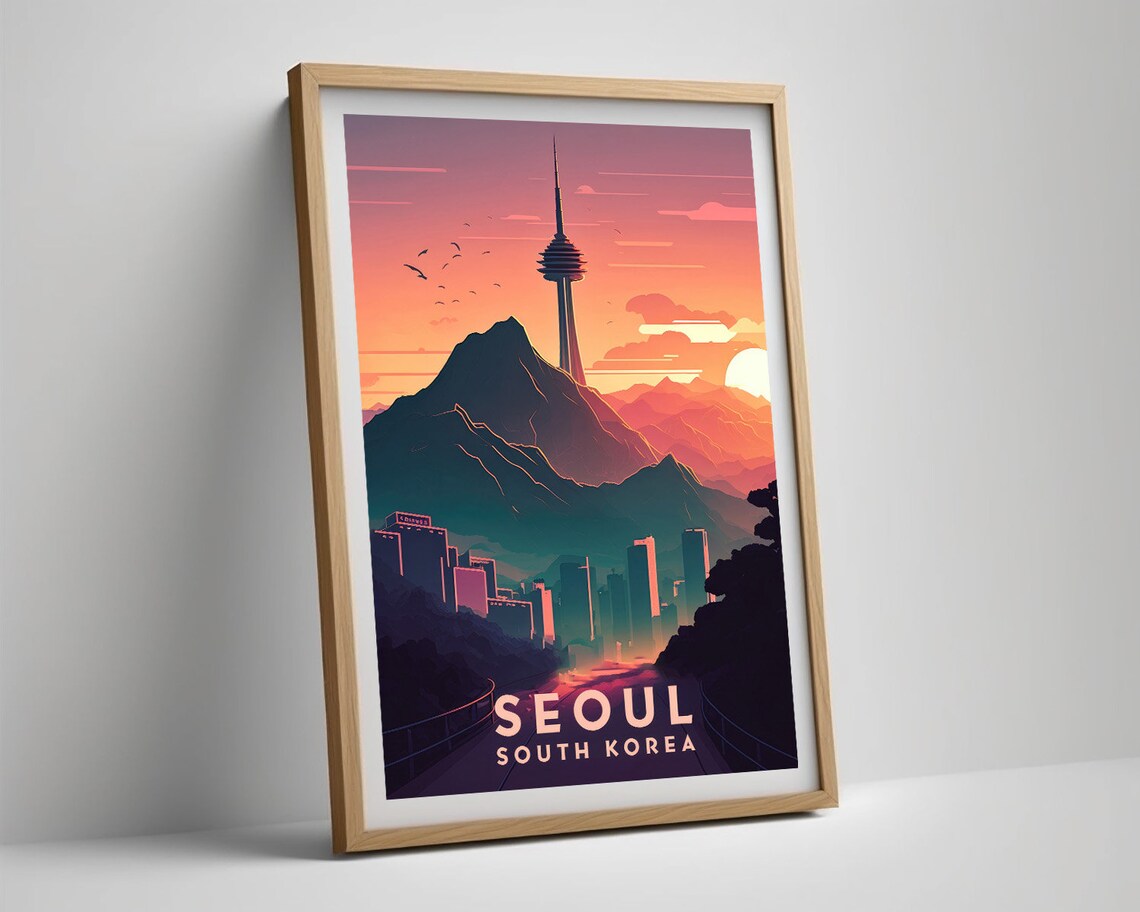 Seoul South Korea Tower Mountain Sunset Vintage Travel Art Poster - Image 5
