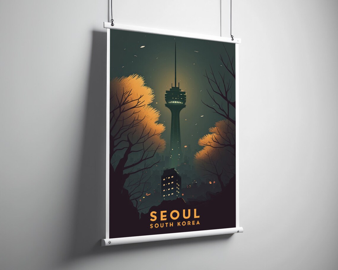 Seoul South Korea Illuminated Tower Autumn Night Travel Poster - Image 3