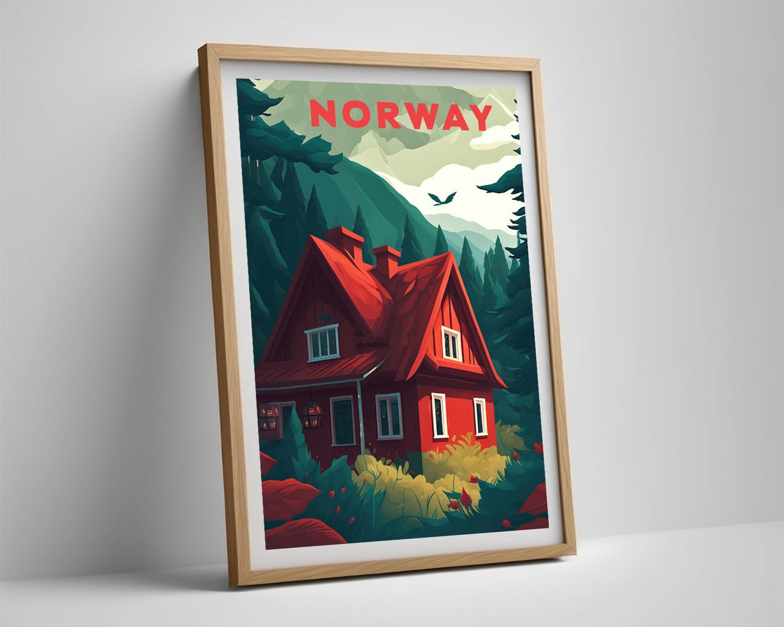 Norway Red Cabin Pine Forest Nordic Mountain Vintage Travel Poster - Image 5