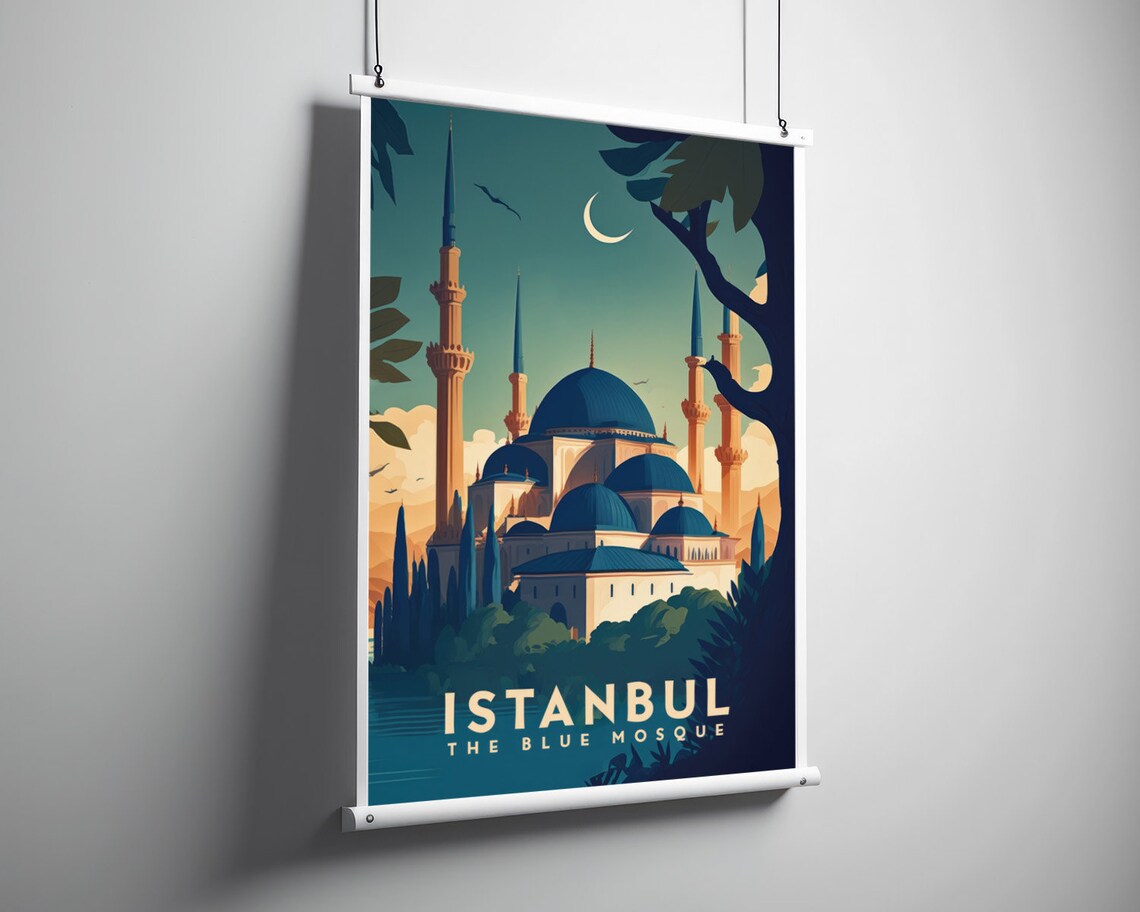 Istanbul Blue Mosque Vintage Travel Poster Moonlit Skyline Art - Image 3