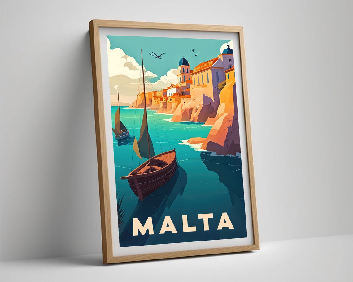 Malta Sailboat Harbor Mediterranean Cliffs Retro Travel Poster - Image 5