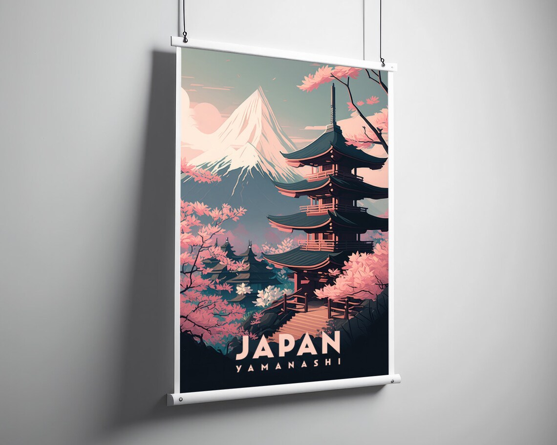 Japan Yamanashi Mt Fuji Vintage Travel Poster Pagoda Blossom - Image 3
