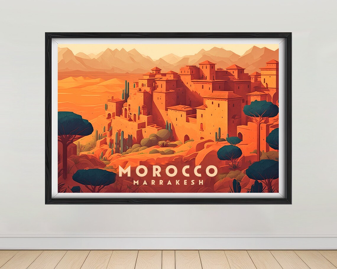 Morocco Marrakesh Vintage Travel Poster Red City Hillside Art