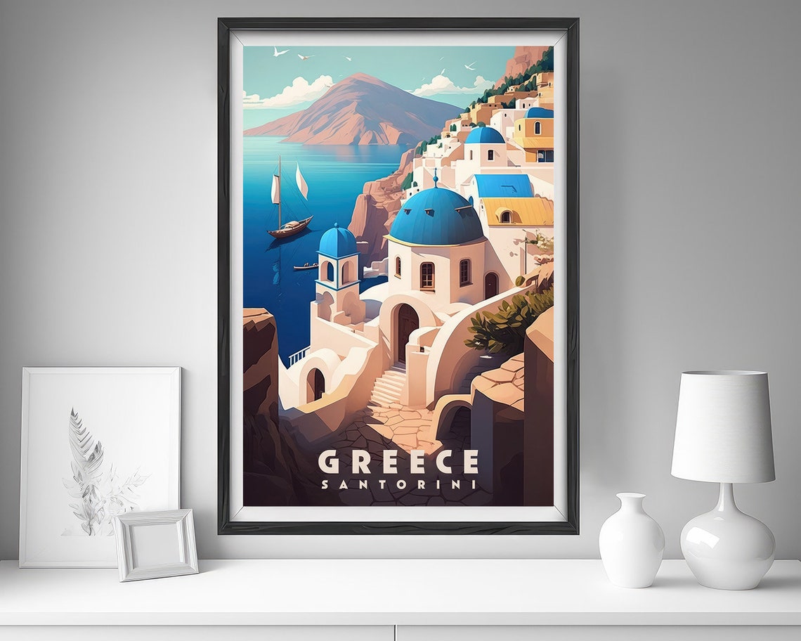 Santorini Greece Blue Dome Churches Aegean Coast Travel Poster - Image 4