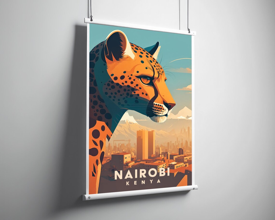 Nairobi Kenya Cheetah Wildlife City Skyline Retro Travel Poster - Image 3