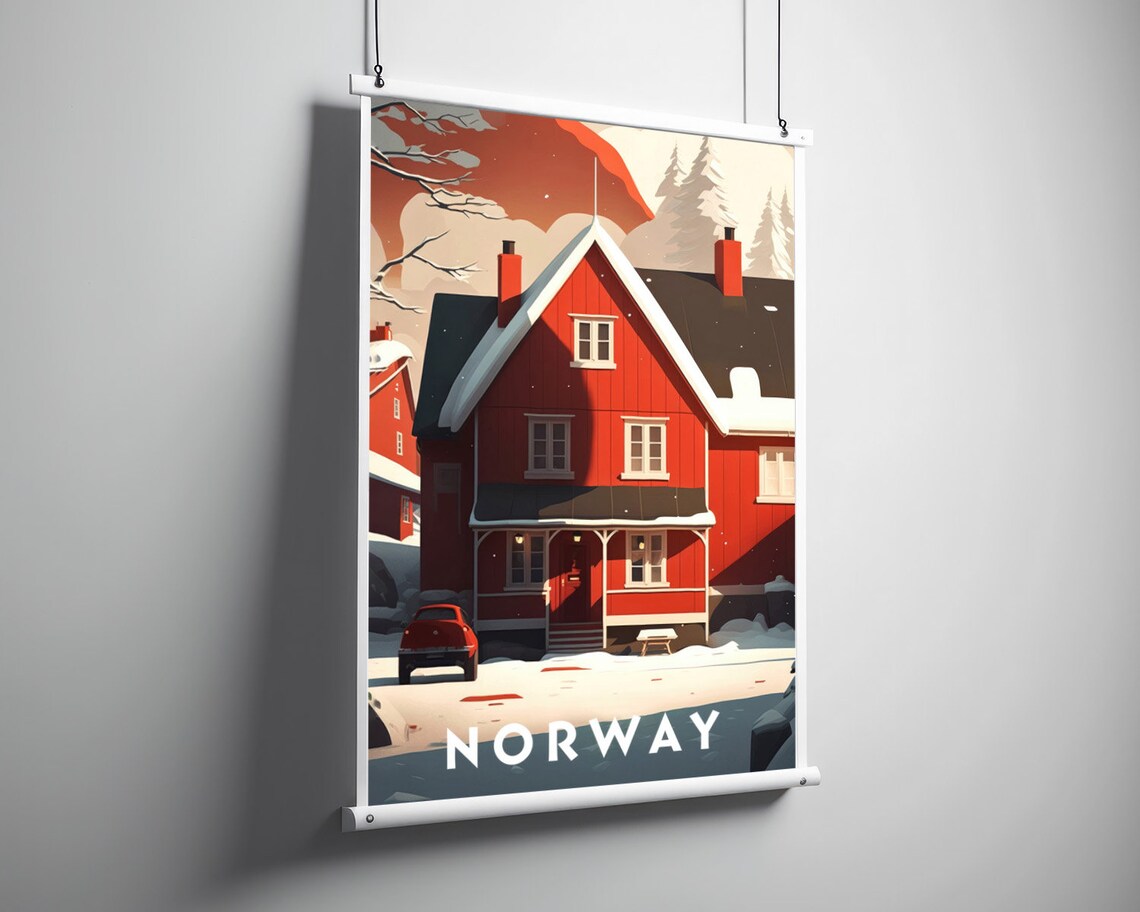 Norway Red Snowy Cabin Winter Landscape Vintage Travel Poster - Image 3
