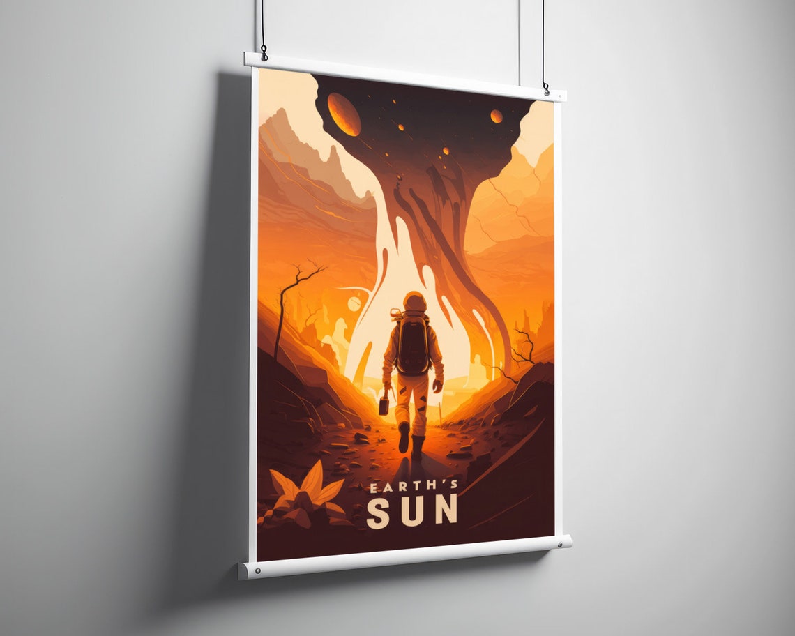 Earths Sun Astronaut Alien Planet Orange Sky Vintage Art Poster - Image 3