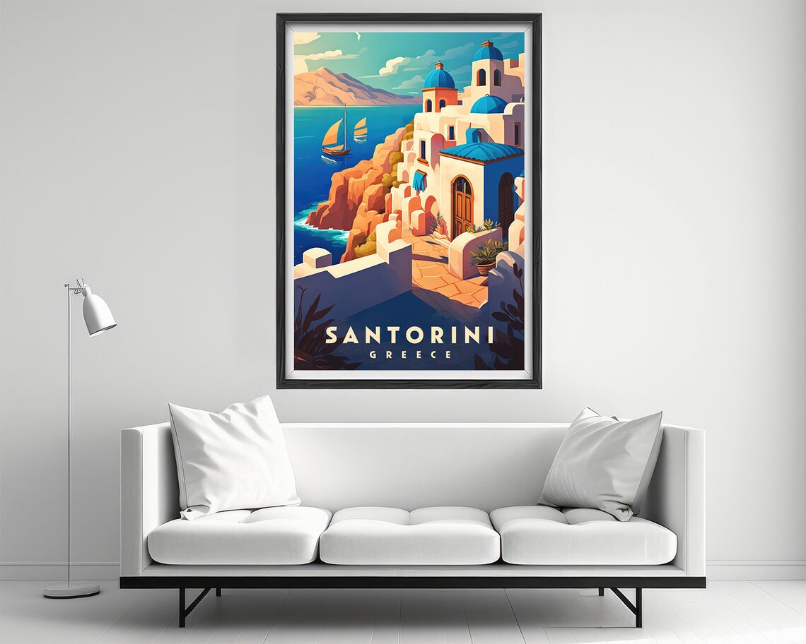 Santorini Greece Vintage Travel Poster Blue Domes Aegean Sea - Image 2