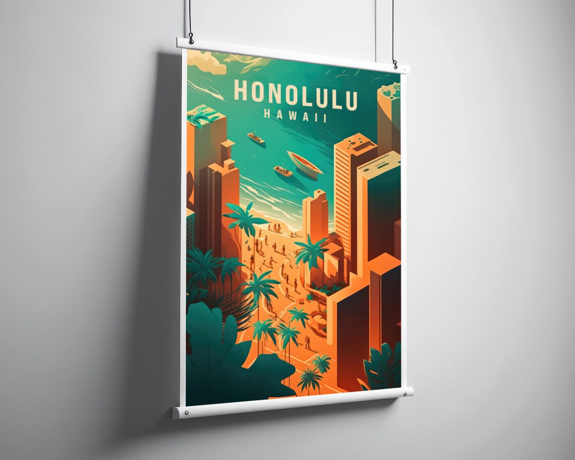 Honolulu Hawaii Waikiki Beach City Skyline Vintage Travel Poster - Image 3