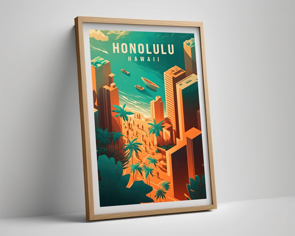 Honolulu Hawaii Waikiki Beach City Skyline Vintage Travel Poster - Image 5