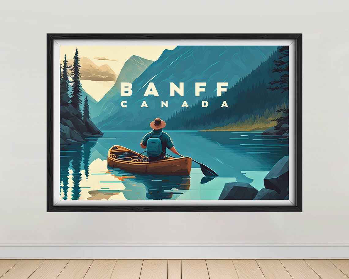 Banff Canada Canoe Serene Alpine Lake Mountains Retro Travel Poster