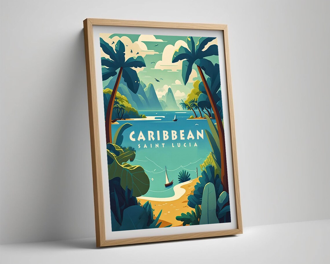 Saint Lucia Caribbean Tropical Beach Palms Vintage Travel Poster - Image 5