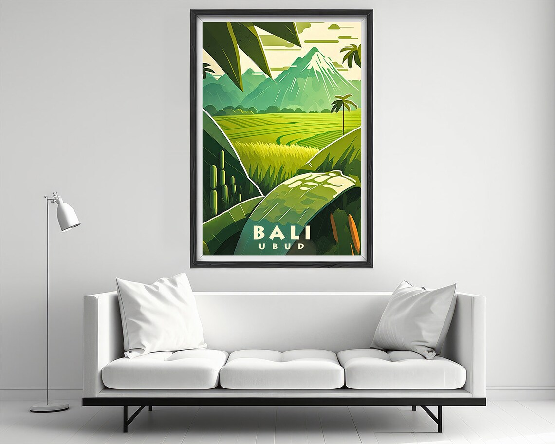 Bali Ubud Rice Fields Vintage Travel Poster Volcano Jungle Art - Image 2